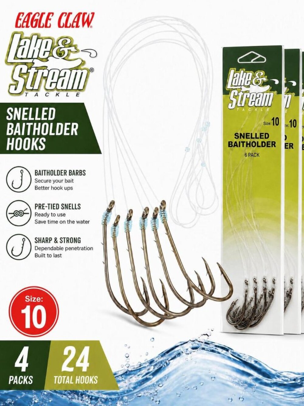4 Packs Of 6 Eagle Claw Lake & Stream Snelled Baitholder Hooks Size 10. 24 Total